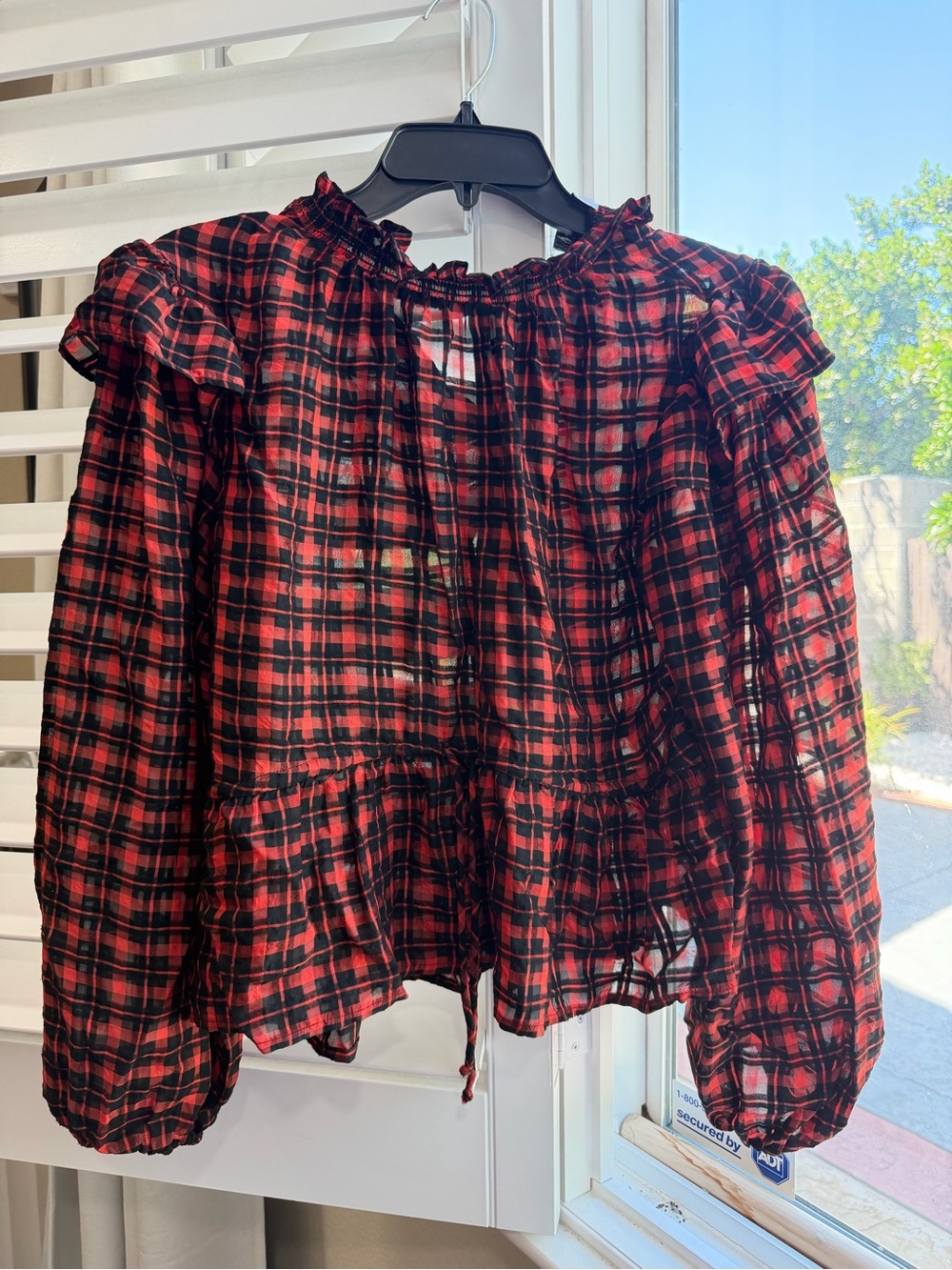 Topshop Red and Black Plaid Ruffle Neck Blouse